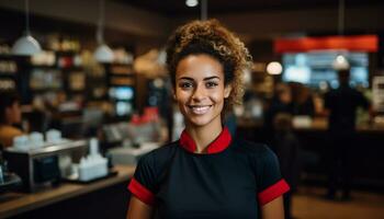 A happy waitress with a warm smile greets customers at the counter, providing excellent service and making them feel welcome. Generative Ai photo