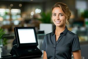 A happy waitress with a warm smile greets customers at the counter, providing excellent service and making them feel welcome. Generative Ai photo