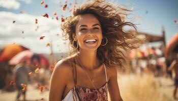 A lady laughs with joy and happiness as she relaxes on the beach at a summer party, surrounded by friends and family, with the sea breeze in her hair and the sun on her face. Generative Ai photo