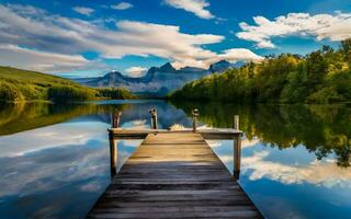 A Picturesque Wooden Dock on a Crystal-Clear Calm Lake Nestled Amidst Nature's Tranquil Embrace. AI Generated photo
