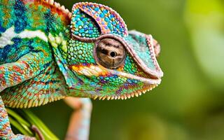 iridiscente maestría, un cerca encuentro con el camaleón camuflaje magia. ai generado foto