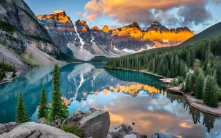 radiante amanecer abarcar, un cautivador retrato de tranquilidad a un majestuoso montaña lago. ai generado foto