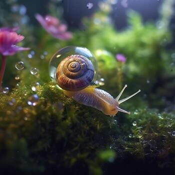 Iridescent Snail in a Fairy Forest, Close Up of a Shimmering Shell. AI Generative photo