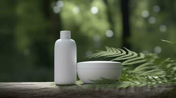 natural cosmetic product presentation backstage. outdoors forest placement. white blank jar shampoo bottle. 3d. AI Generative photo