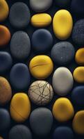 Some colorful stones are displayed, dark navy and yellow, AI Generative photo