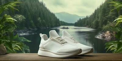 blanco blanco Deportes Zapatos Bosquejo con natural tema antecedentes. ai generativo foto