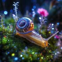 iridiscente caracol en un hada bosque, cerca arriba de un reluciente caparazón. ai generativo foto