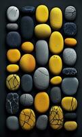 Some colorful stones are displayed, dark navy and yellow, AI Generative photo