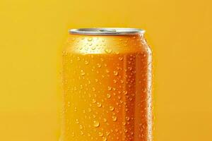 Can of fresh soda with water drops on orange background, closeup. Generative AI photo