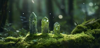 Crystals with moon phases image of moss in a mysterious forest, natural background. Generative AI photo