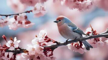 Birds sitting in a tree filled with cherry blossom flowers. Generative AI photo