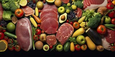 diferente tipos de carnes, verduras, y frutas laico en supermercados generativo ai foto