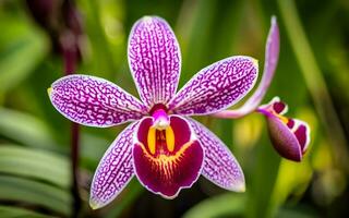 botánico maravilla, un fascinante de cerca de el delicado pétalos de un raro y exótico orquídea. ai generado foto