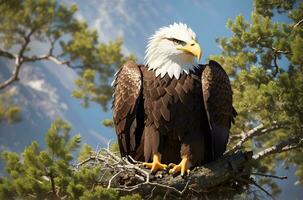 Eagle's Nest Majesty, A Breathtaking Glimpse into the Regal World of Eagles, High in the Canopy. AI Generated photo