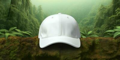 White Cap mockup on a natural background. Generative AI photo