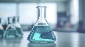 A Science Beaker in the laboratory on a table white and light blue background. laboratory equipment out of focus. AI Generative photo