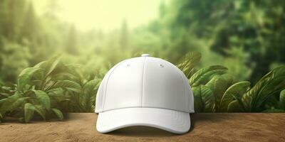 White Cap mockup on a natural background. Generative AI photo