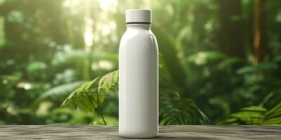 White Blank bottle Mockup with natural theme background. AI Generative photo