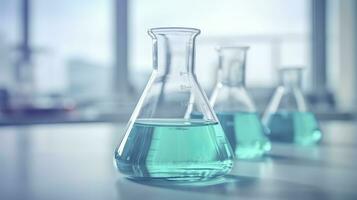 A Science Beaker in the laboratory on a table white and light blue background. laboratory equipment out of focus. AI Generative photo