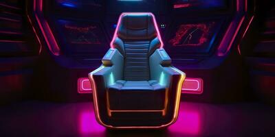 80s Inspired Captain Chair from Star Trek with Neon Lights and Cockpit Interior Background. AI Generative photo