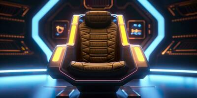 80s Inspired Captain Chair from Star Trek with Neon Lights and Cockpit Interior Background. AI Generative photo