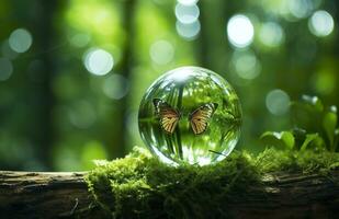 Butterfly and Crystal ball on a tree stump in the forest, natural green background. Generative AI photo