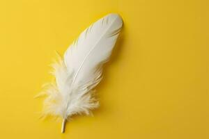 Close up of bright white feather. Copy space, yellow background. Fashion and Party concept. AI Generative photo