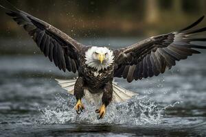 Fishing Bald Eagle, a bald eagle facing camera catches a fish out of the water, in the style of National Geographic contest winner, super telephoto close up. AI Generative photo