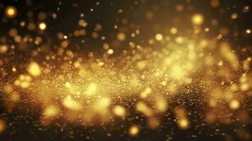 Abstract luxury gold background with gold particles. glitter vintage lights background. Christmas Golden light shine particles bokeh on dark background. Gold foil texture. Holiday.  AI Generative photo