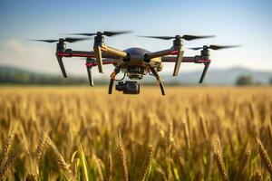 Drone monitoring crops and smart agriculture in a digital farming.  AI Generative photo