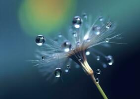 Beautiful dew drops on a dandelion seed macro. Beautiful blue background. Generative AI photo