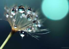 Beautiful dew drops on a dandelion seed macro. Beautiful blue background. Generative AI photo