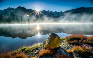 efímero serenidad, un fascinante amanecer terminado el cargado de niebla lago. ai generado foto