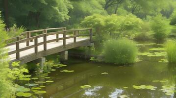 The Beauty of Nature Captured in a Tranquil Pond Framed by a Picturesque Wooden Footbridge. AI Generated photo