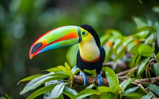 A Kaleidoscope of Tropical Eleganc, Toucan's Vibrant Colors in the Rainforest. AI Generated photo