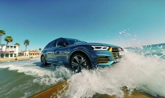 compacto suv coche y moderno diseño en hormigón la carretera a el mar de hermosa puesta de sol antecedentes , frente ver de lujo nuevo suv auto, ai generativo foto