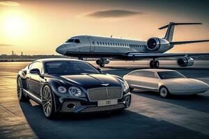 súper coche y privado chorro en aterrizaje banda. negocio clase Servicio a el aeropuerto. negocio clase transferir. aeropuerto lanzadera, ai generativo foto