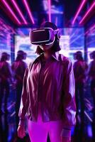 A young Asian woman is using a virtual reality headset. Neon light studio portrait. Concept of virtual reality, simulation, gaming, and future technology.  AI Generative photo