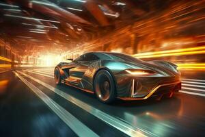 Fast Shutter Speed Creates Dynamic and Action Packed Image of Futuristic Car. AI Generative photo