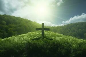 The cross of God with green Leaf, in the rays of the sun and blue sky. Cross on the hill with green trees and graeen natural view. Religious concept, AI Generative photo