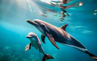 delfines alegre ballet, un fascinante vislumbrar dentro el juguetón armonía de estos encantador Oceano bailarines ai generado foto