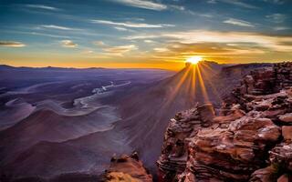 Desert Majesty Unveiled, A Breathtaking Portrait of Rugged Terrain and Fiery Skies in the Serene Embrace of a Desert Sunset. AI Generated photo