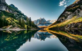 Mirror of Majesty, Capturing the Sublime Reflection of a Dramatic Mountain Range in the Serene Embrace of a Calm Lake. AI Generated photo