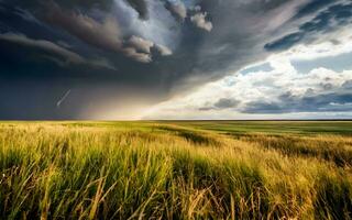 Epic Prairie Power, A Captivating Visual Tale of the Intensity Unleashed by a Thunderstorm on the Vast Open Plains. AI Generated photo