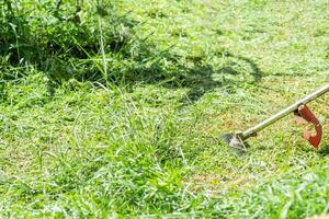 farmer use mowing cut grass work outdoor at garden summer day, one person man job use tool clipper at meadow photo