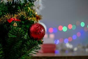 Closeup, green Christmas tree decorated with a medium red ball and has beautiful bokeh. Copy space for design and text, blurred background photo