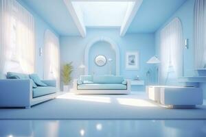 A professional and eye catching light blue with white living room in the metaverse.  AI Generative photo