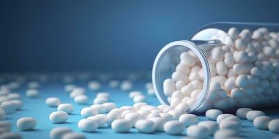 White pills from plastic medicine bottles on blue background with copy space. Medicine and health concept. 3d rendering. AI Generative photo