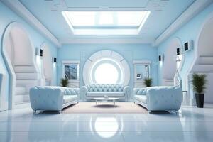 A professional and eye catching light blue with white living room in the metaverse.  AI Generative photo