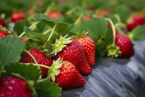 Bush of ripe organic strawberries in the garden. Berry closeup. Generative AI photo